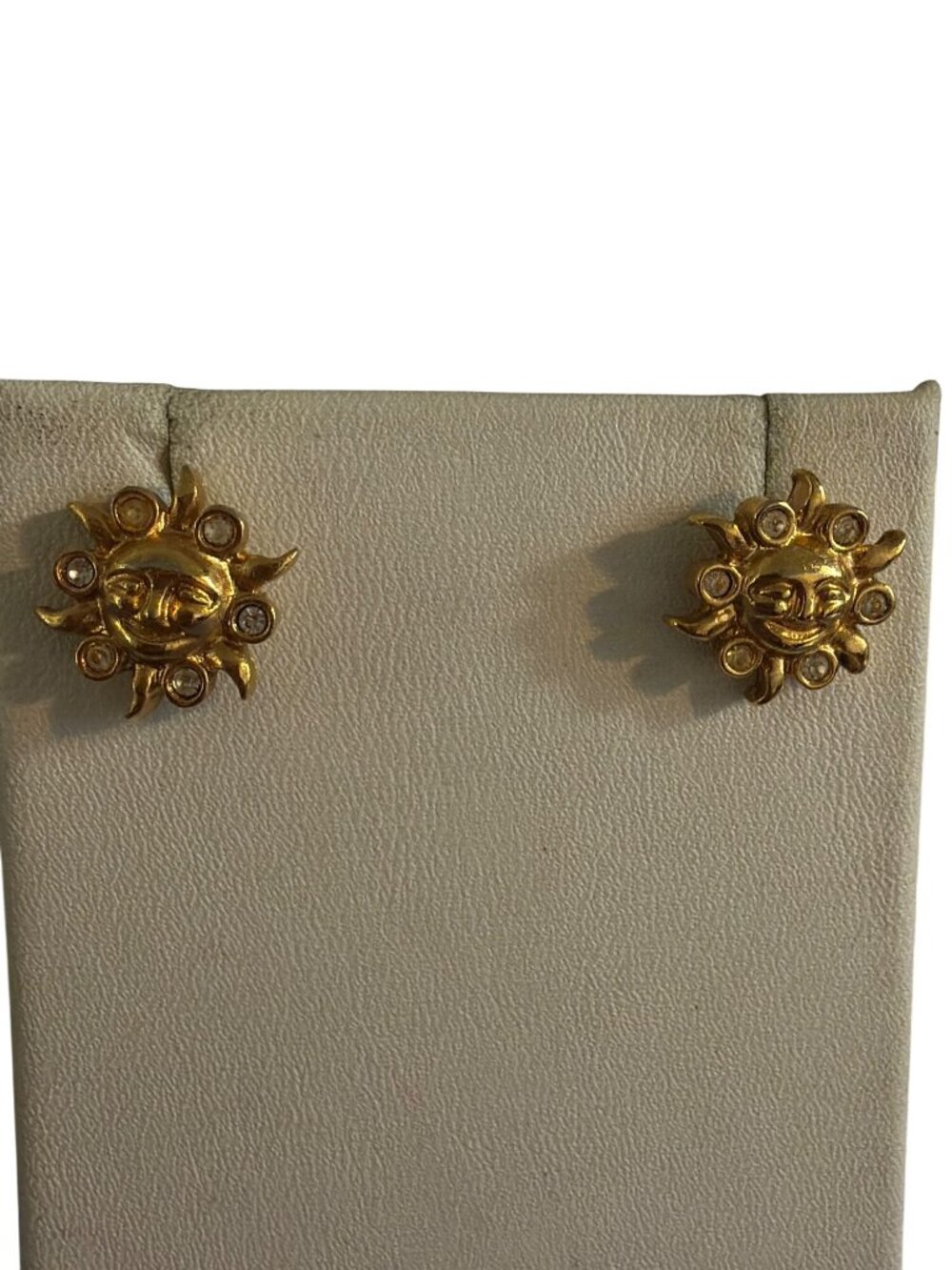 Vintage Avon Sun Face Stud Earrings Gold Tone Clear Rhinestones Estate .5"